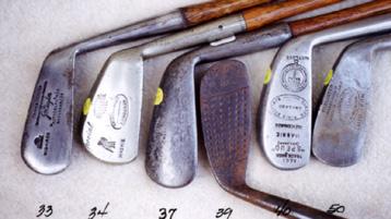 Wooden Shafted Golf Clubs, wood shaft putters, hickory shaft niblicks, long nose woods and rut irons. Golf Balls and Collectibles.